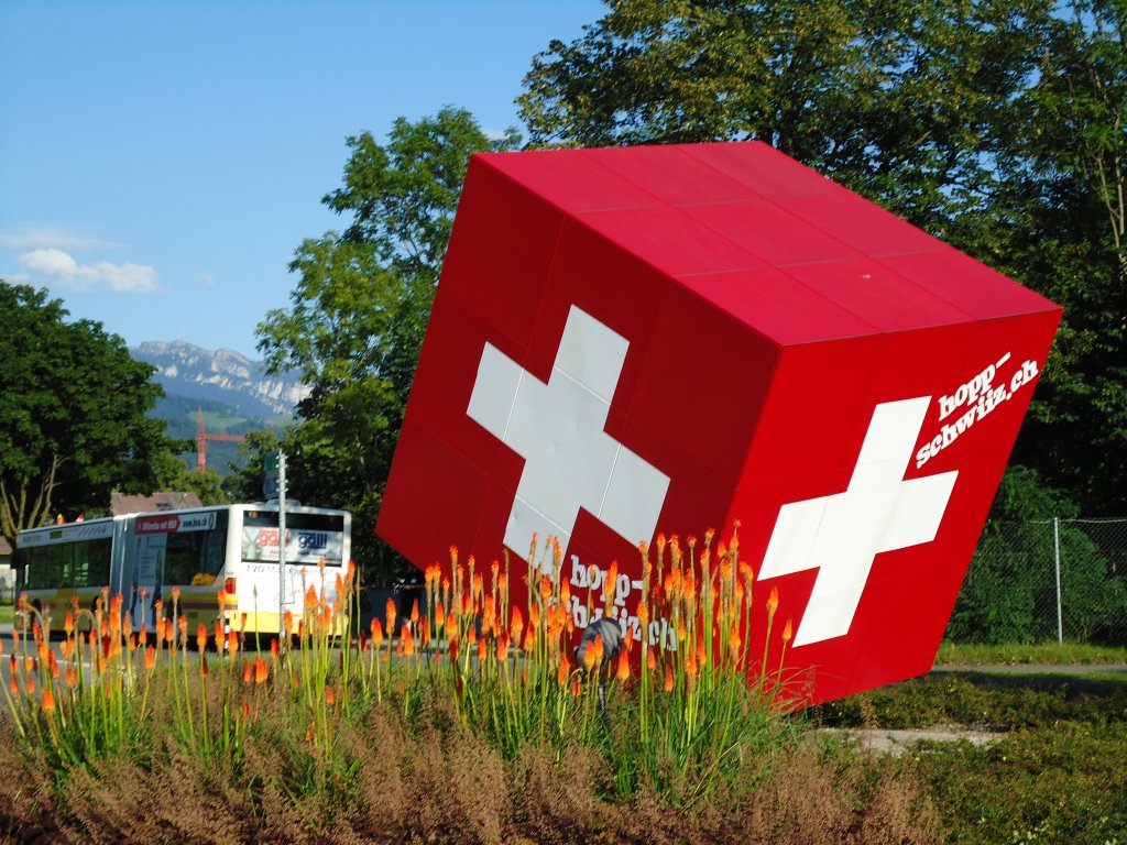 (128'133) - Mit  hopp-schwiiz.ch  beschm�ckter W�fel am 31. Juli 2010 im KVA-Kreisel auf der Thuner-Allmend
