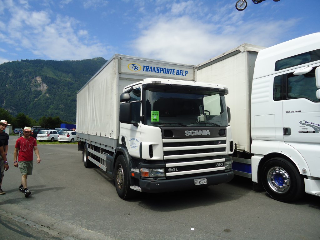 (134'387) - Loosli, Belp - BE 374'386 - Scania am 25. Juni 2011 in Interlaken, Flugplatz