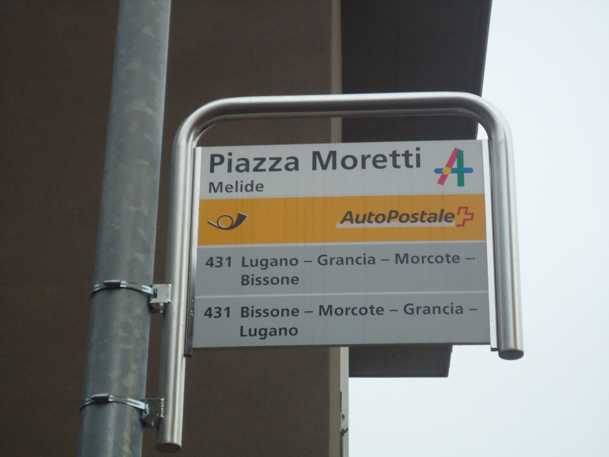 (147'763) - PostAuto-Haltestelle - Melide, Piazza Moretti - am 6. November 2013