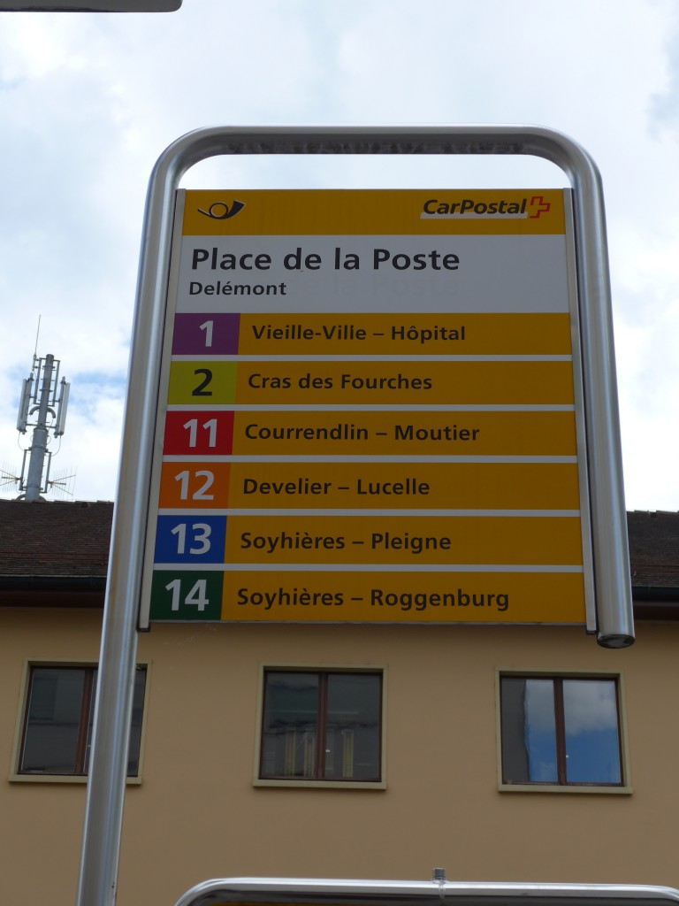 (151'054) - PostAuto-Haltestelle - Del�mont, Place de la Poste - am 29. Mai 2014