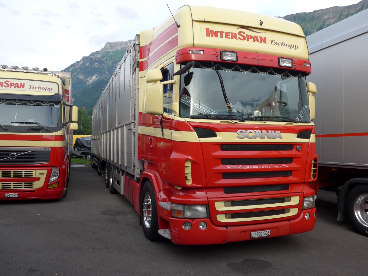 (151'953) - Interspan Tschopp, Buttisholz - LU 201'508 - Scania am 28. Juni 2014 in Interlaken, Flugplatz