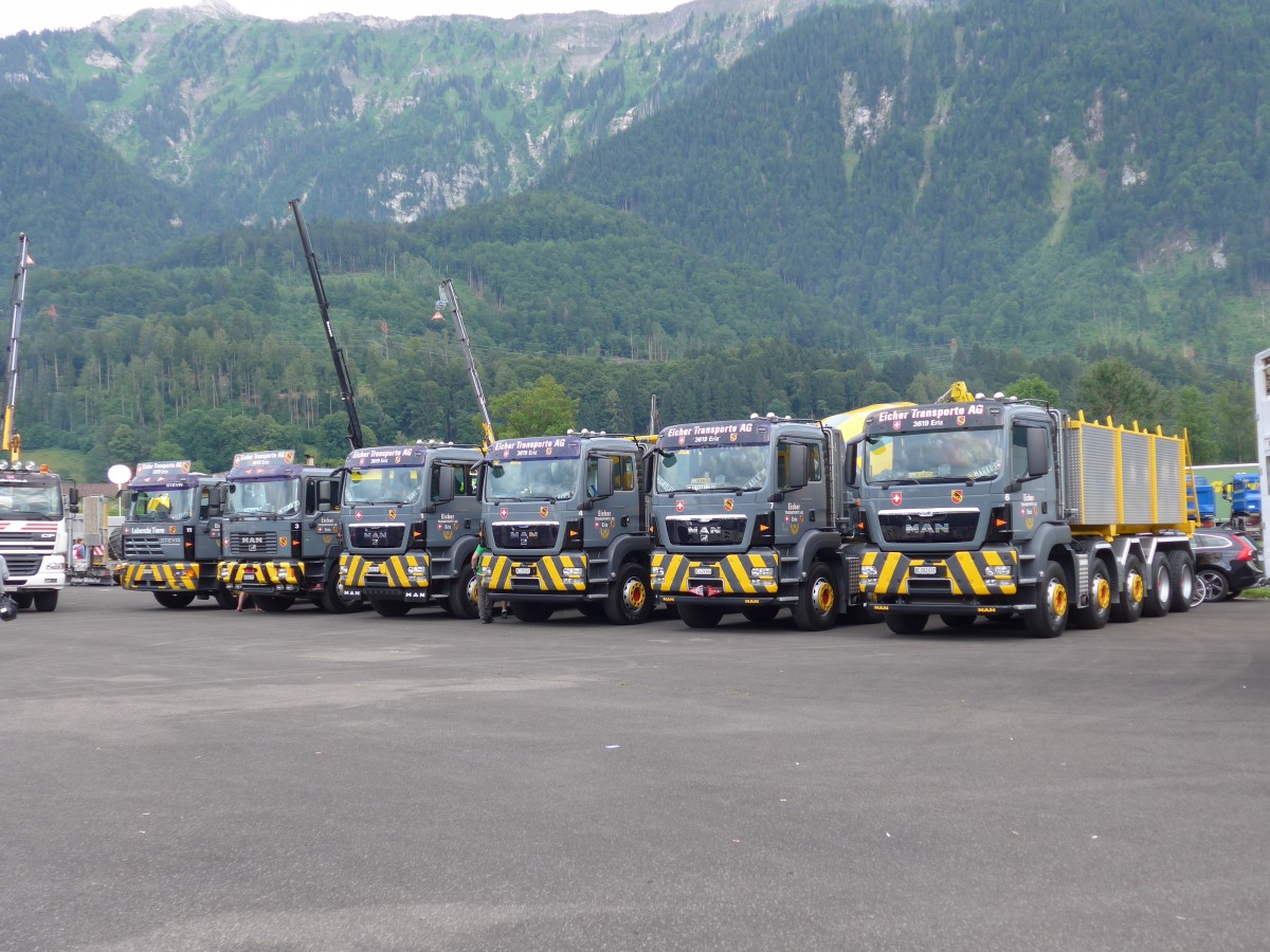 (151'975) - Eicher, Eriz - Nr. 11 - Steyr + Nr. 3 + 1 + 4 + 7 + 6 - MAN am 28. Juni 2014 in Interlaken, Flugplatz