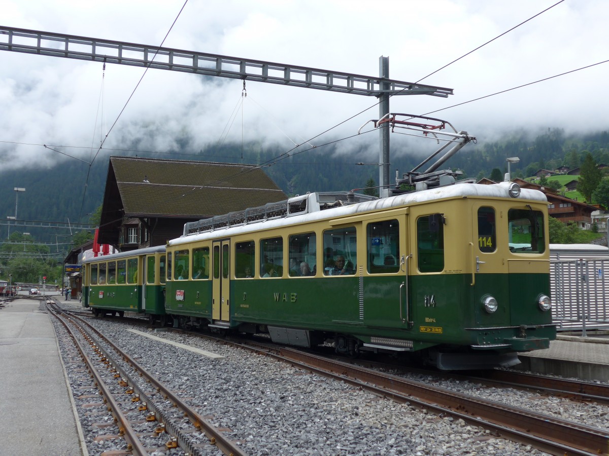 (153'566) - WAB-Triebwagen - Nr. 114 - am 3. August 2014 im Bahnhof Grindelwald Grund