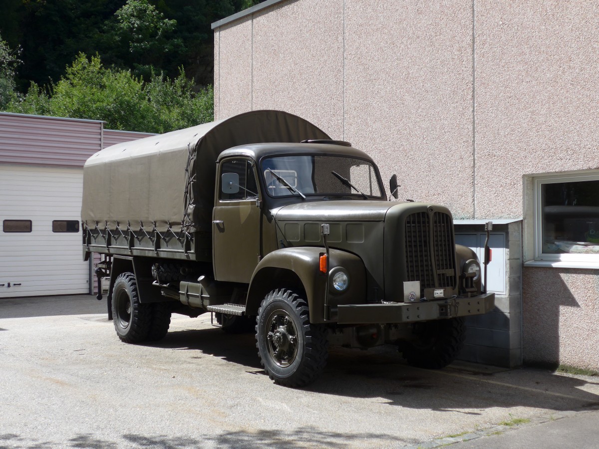 (154'829) - Saurer (ex Schweizer Armee) am 1. September 2014 in Faido, Garage Barenco