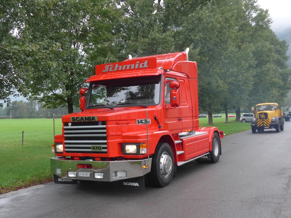 (155'016) - Schmid, B�ch - SZ 90'390 U - Scania am 13. September 2014 in Chur, Waffenplatz