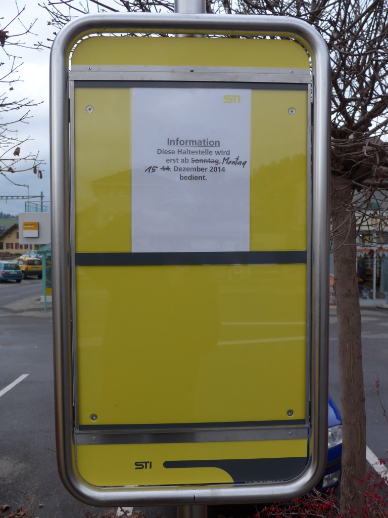 (157'722) - Fahrgastinfo zum Start von der neuen Buslinie Thun-Bernstrasse-Heimberg am 8. Dezember 2014 beim Bahnhof Heimberg