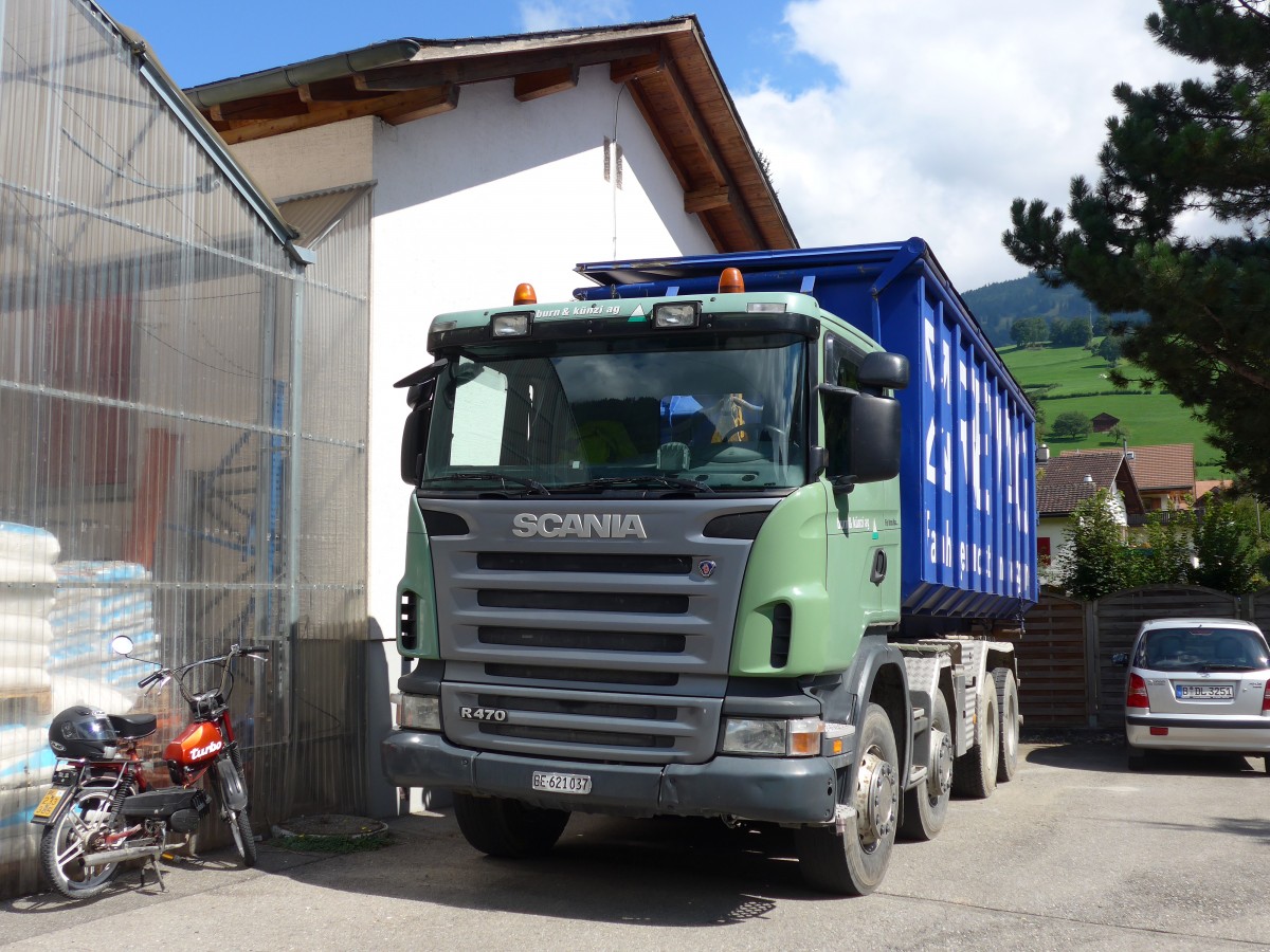 (164'529) - Burn&K�nzi, Adelboden - BE 621'037 - Scania am 6. September 2015 in Reichenbach