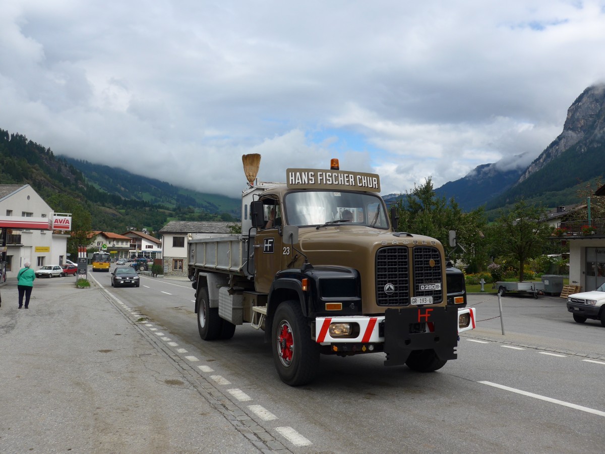 (165'410) - Fischer, Chur - Nr. 23/GR 193 U - Saurer am 19. September 2015 in Andeer, Tgavugl