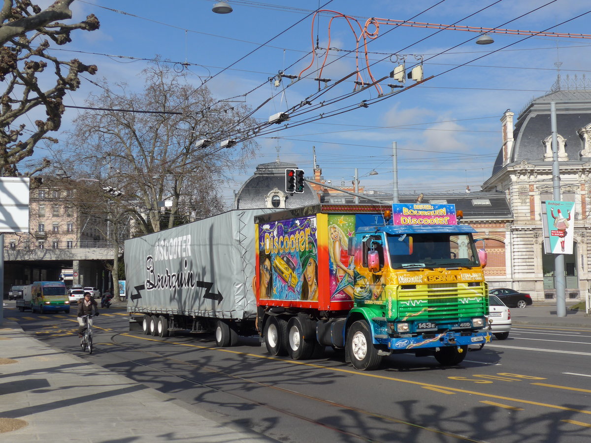 (169'109) - Bourquin Discooter - NE 49'667 - Scania am 7. M�rz 2016 in Gen�ve, Place des Vingt-Deux-Cantons