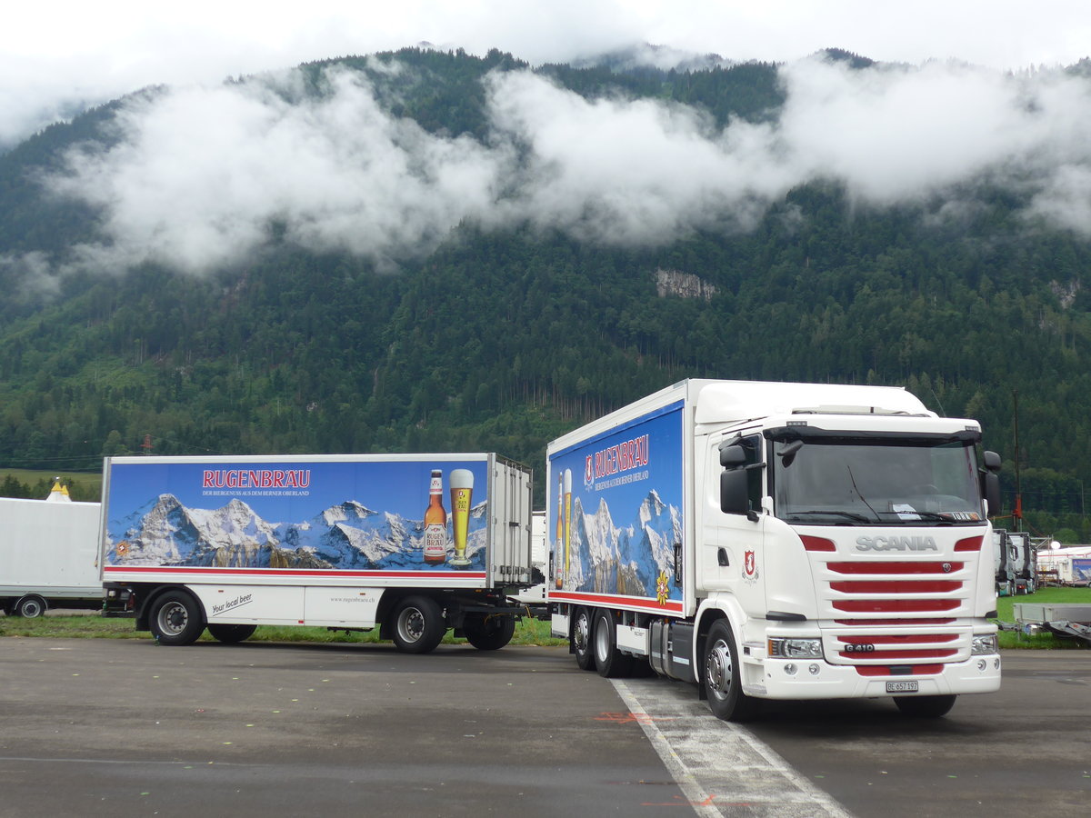 (172'257) - Rugenbr�u, Matten - BE 657'197 - Scania am 26. Juni 2016 in Interlaken, Flugplatz