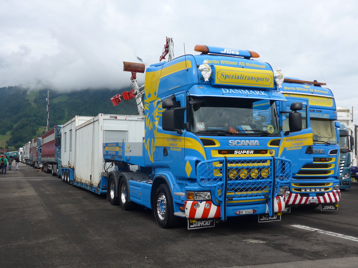 (172'315) - Wittwer, Wattenwil - BE 82'440 - Scania am 26. Juni 2016 in Interlaken, Flugplatz