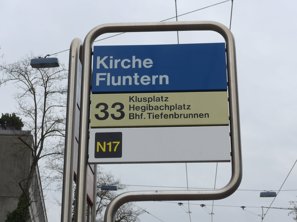 (178'491) - VBZ-Haltestelle - Z�rich, Kirche Fluntern - am 10. Februar 2017