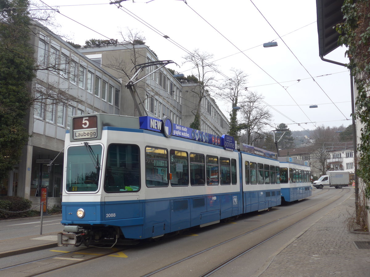 (178'494) - VBZ-Tram - Nr. 2088 - am 10. Februar 2017 in Z�rich, Kirche Fluntern