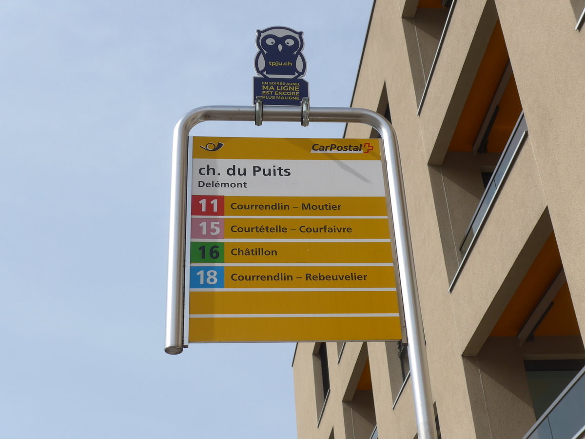(189'940) - PostAuto-Haltestelle - Del�mont, ch. du Puits - am 2. April 2018
