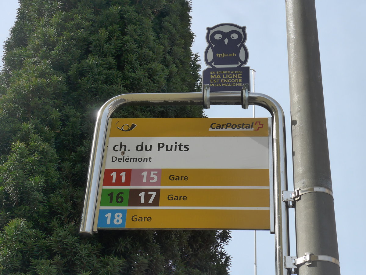 (189'941) - PostAuto-Haltestelle - Del�mont, ch. du Puits - am 2. April 2018