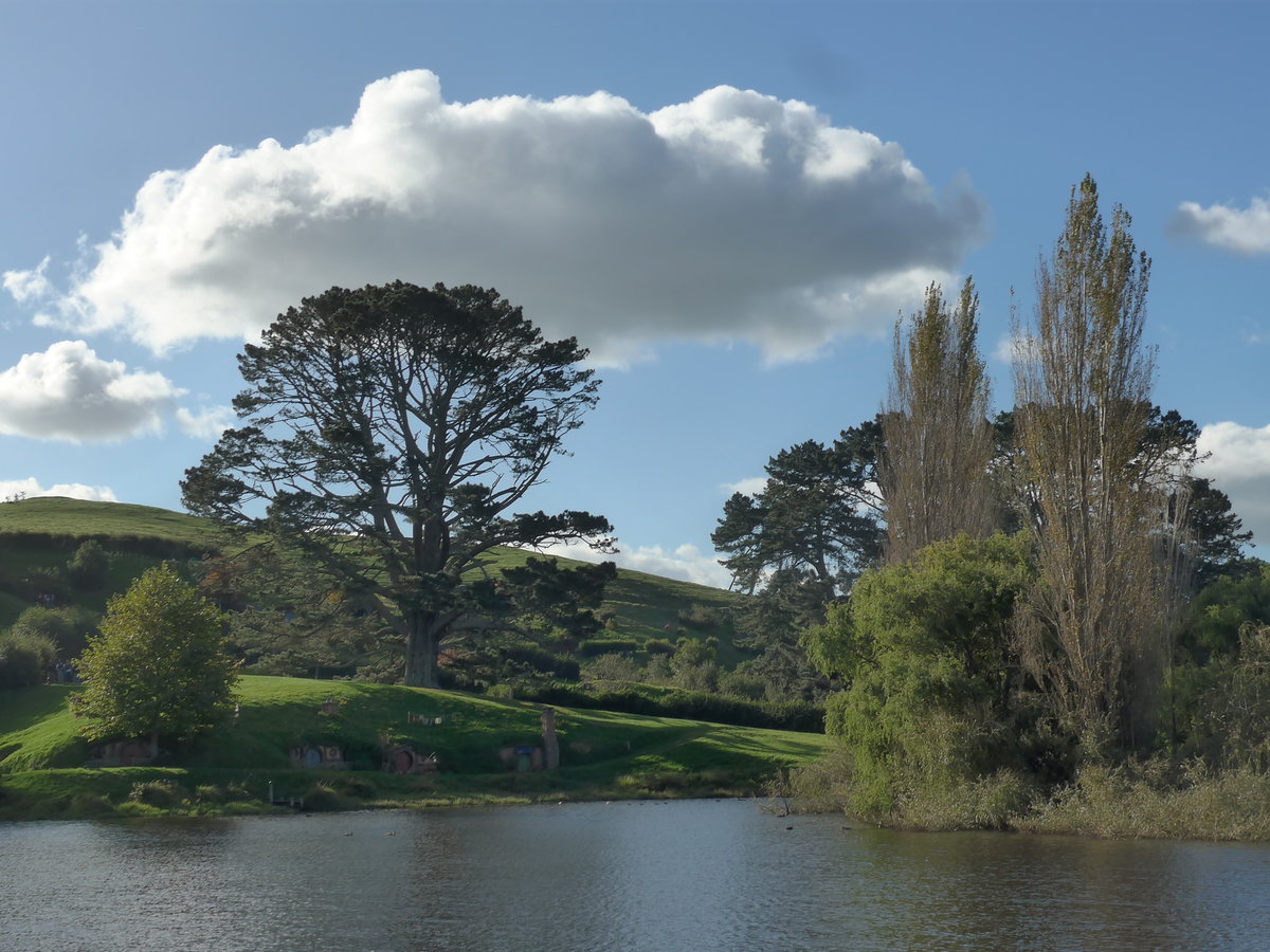 (190'978) - Hobbiton-Landschaft mit B�umen und See am 22. April 2018 bei Hinuera