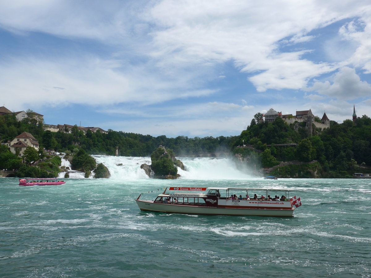 (193'975) - Rundfahrtenboot  Rhyfall  am Rheinfall mit Schloss Laufen am 10. Juni 2018 bei Neuhausen