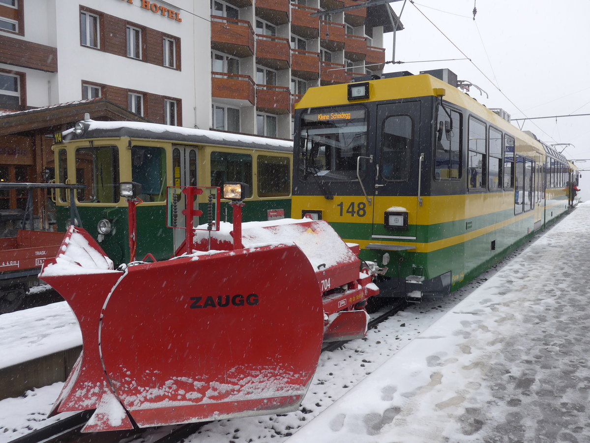(199'891) - WAB-Pendelzug - Nr. 148 - am 10. Dezember 2018 im Bahnhof Grindelwald