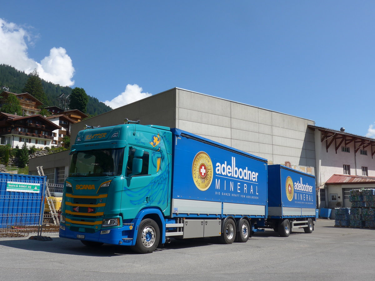 (207'922) - Blatter, Hofstetten - BE 73'335 - Scania am 14. Juli 2019 in Adelboden, Mineralquelle