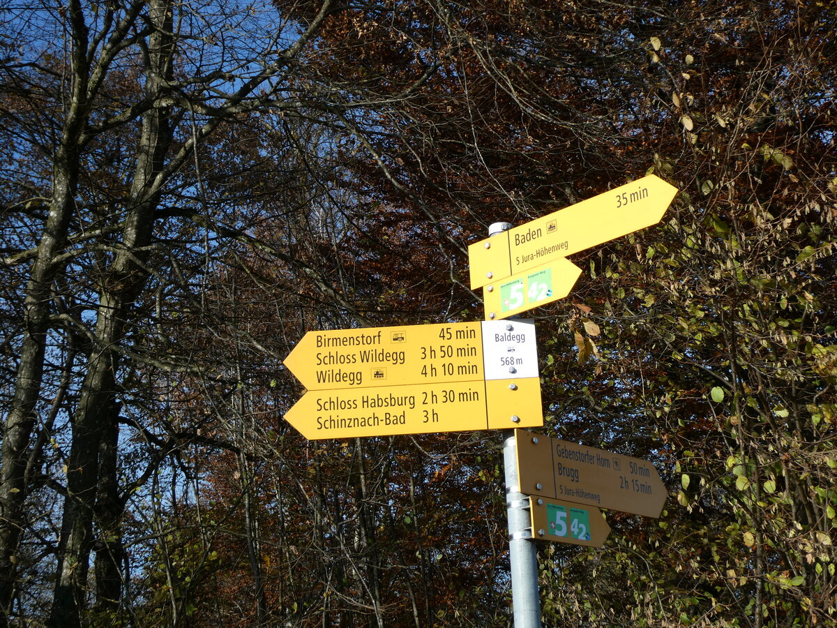 (230'503) - Wegweiser auf der Baldegg am 11. November 2021 bei Baden