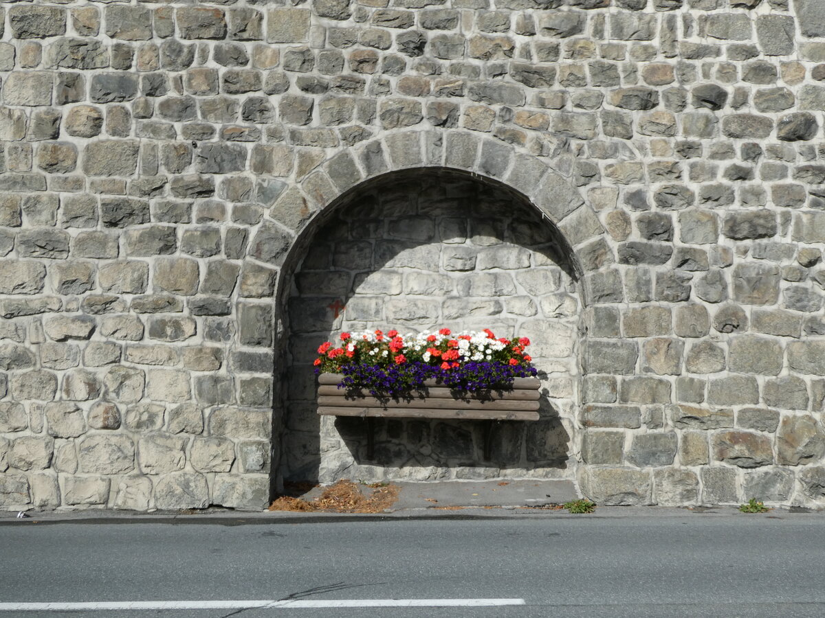 (241'095) - Blumenschmuck in der Mauer am 12. Oktober 2022 beim Bahnhof St. Moritz