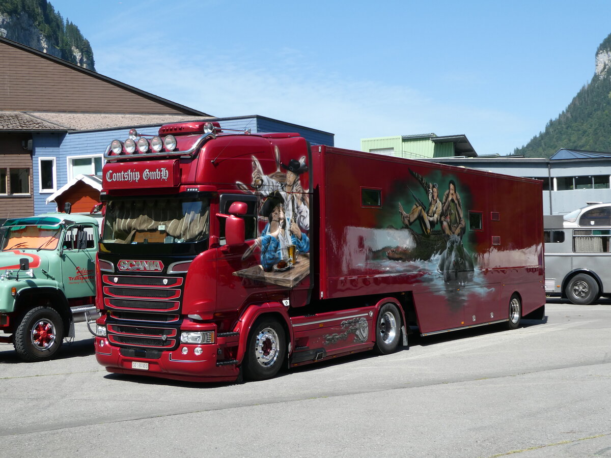 (254'022) - Baumann, Wangen - SO 160'001 - Scania am 19. August 2023 in Hoch-Ybrig, Talstation Weglosen