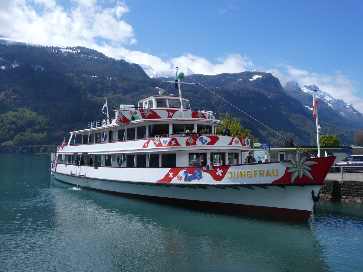 (261'694) - Motorschiff Jungfrau am 25. April 2024 an der Schiffl�ndte Brienz