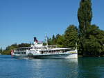 (255'452) - Dampfschiff Bl�mlisalp am 20. September 2023 beim Schadaupark bei Thun